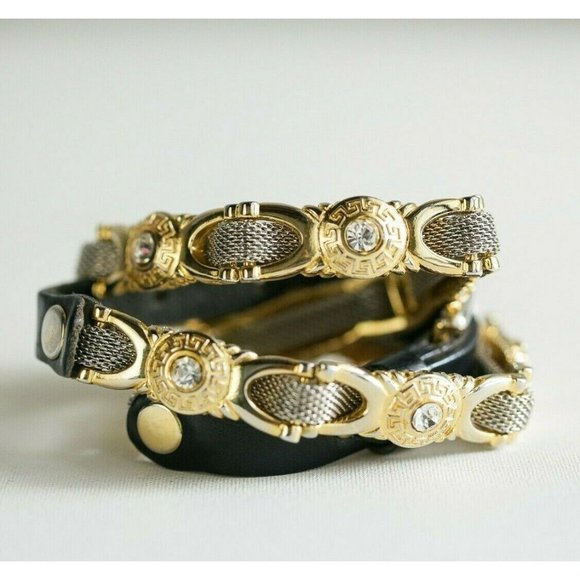 Unbranded | Vintage Accessories - Vintage Maximalist Metal Leather Greek Pattern Rhinestone Skinny Belt Small